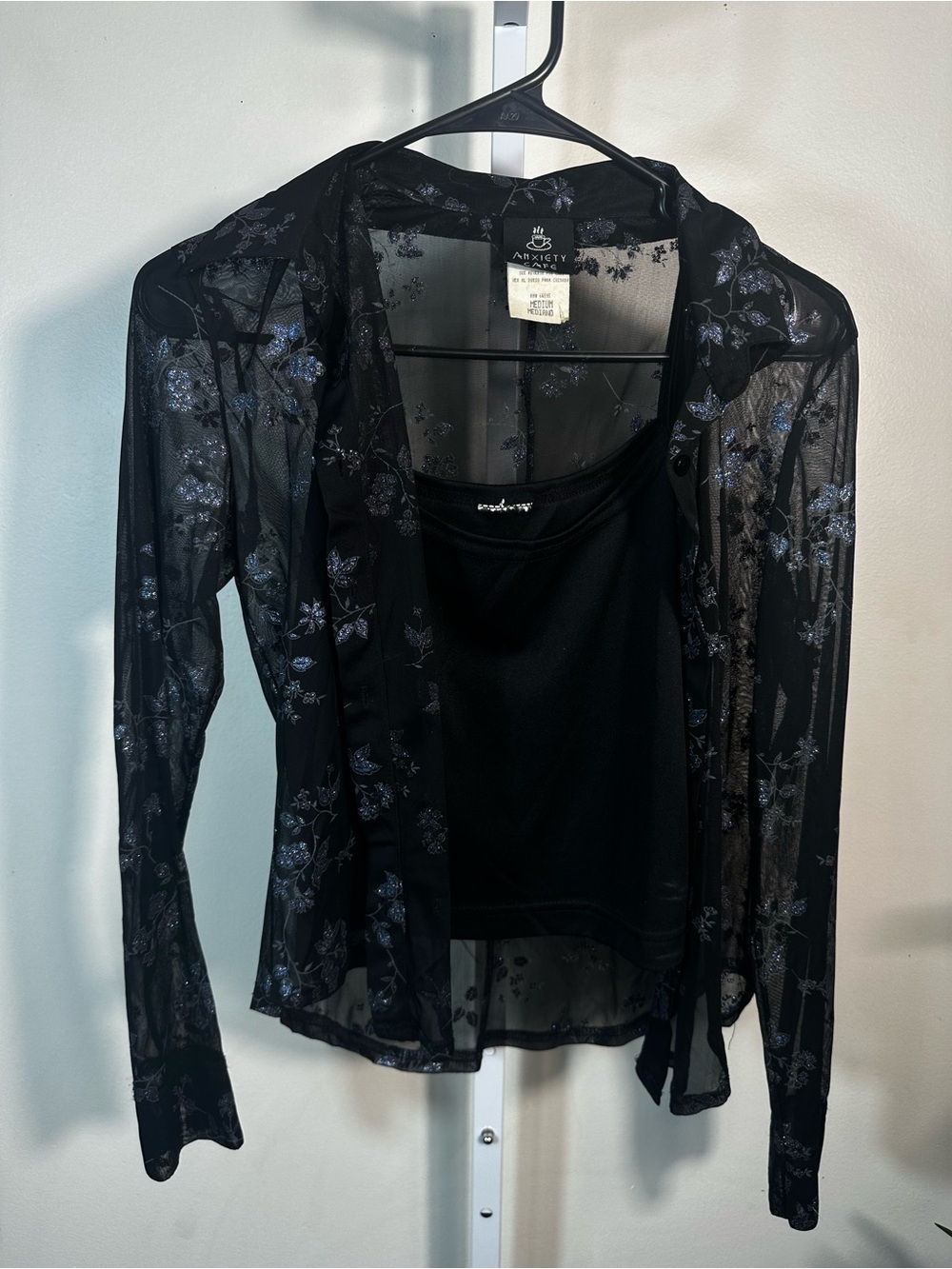 G20. Vintage Y2K Anxiety Cafe M 2 Piece Sheer Mesh Glitter Floral Cami Top Set